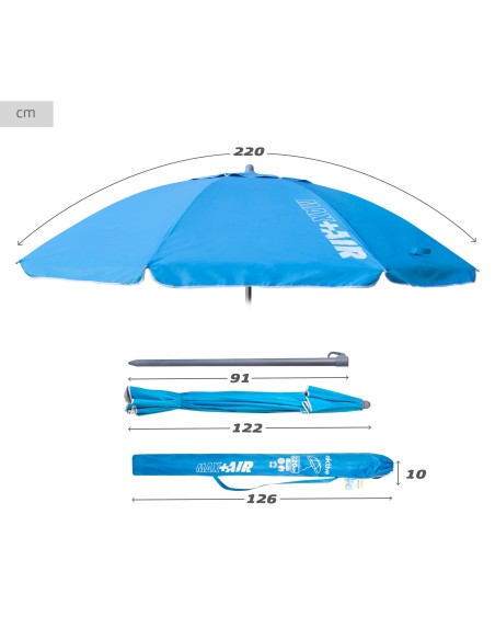 Parapluie de plage coupe-vent 8 mâts 220 cm bleu clair