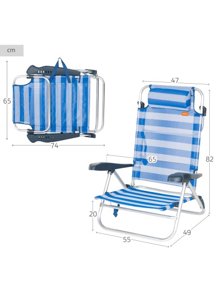 Chaise de plage basse multiposition 47x49x82 cm rayures marinières