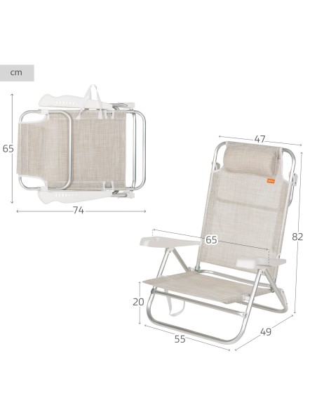 Chaise de plage basse multiposition 47x49x82 cm beige