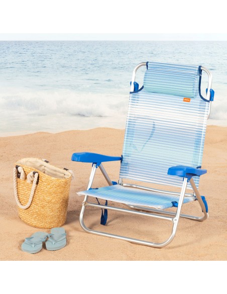Chaise de plage basse multiposition 47x49x82 cm rayures bleues