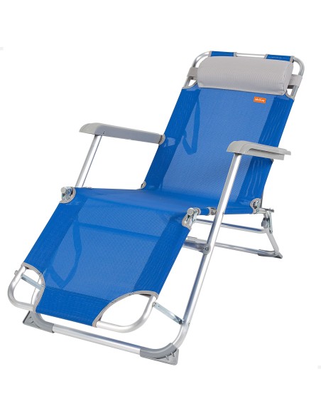 Transat de plage pliable multi-positions bleu avec coussin