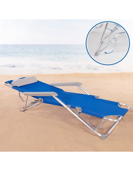 Transat de plage pliable multi-positions bleu avec coussin