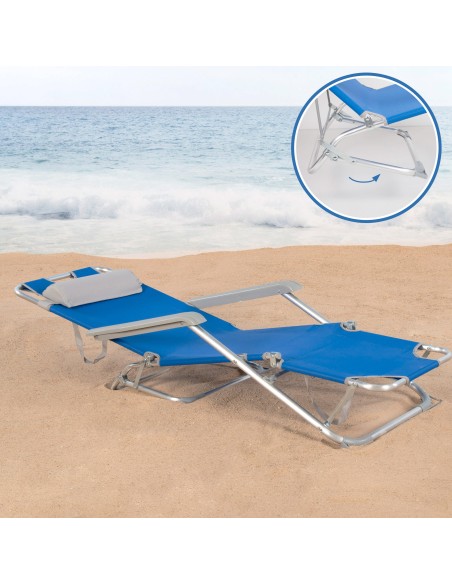 Transat de plage pliable multi-positions bleu avec coussin