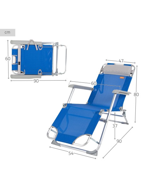 Transat de plage pliable multi-positions bleu avec coussin