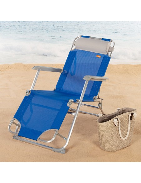 Transat de plage pliable multi-positions bleu avec coussin