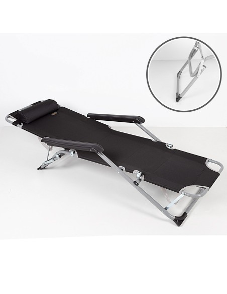 Chaise longue de jardin pliante multi-positions noire avec coussin rembourré