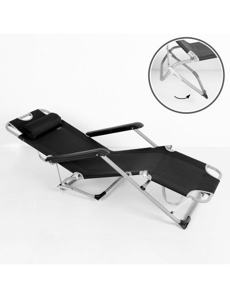 Chaise longue de jardin pliante multi-positions noire avec coussin rembourré