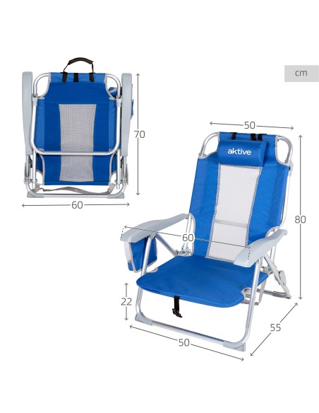 Chaise de plage basse multiposition XL 50x55x80 cm bleu