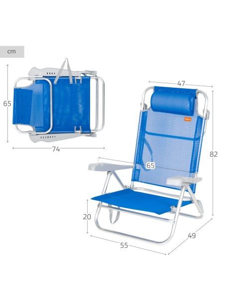 Chaise de plage basse multiposition 47x49x82 cm bleu
