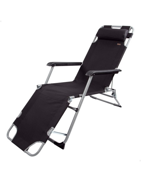 Chaise longue de jardin pliante multipositions noire avec coussin