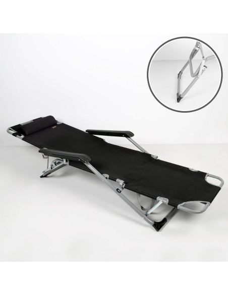 Chaise longue de jardin pliante multipositions noire avec coussin
