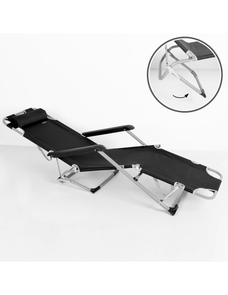 Chaise longue de jardin pliante multipositions noire avec coussin