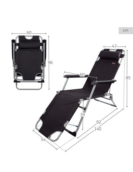 Chaise longue de jardin pliante multipositions noire avec coussin