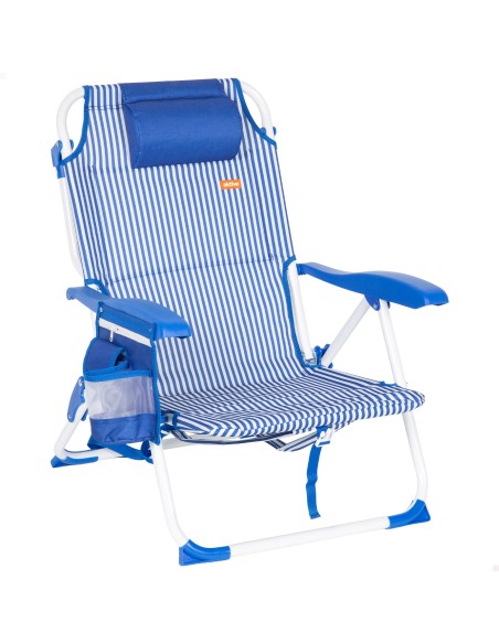 Chaise de plage multipositions 48x58x76 cm à rayures bleues avec poches