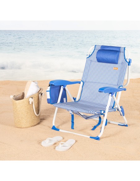 Chaise de plage multipositions 48x58x76 cm à rayures bleues avec poches