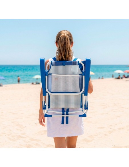 Chaise de plage multipositions 48x58x76 cm à rayures bleues avec poches