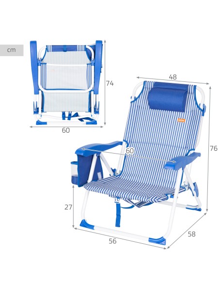 Chaise de plage multipositions 48x58x76 cm à rayures bleues avec poches