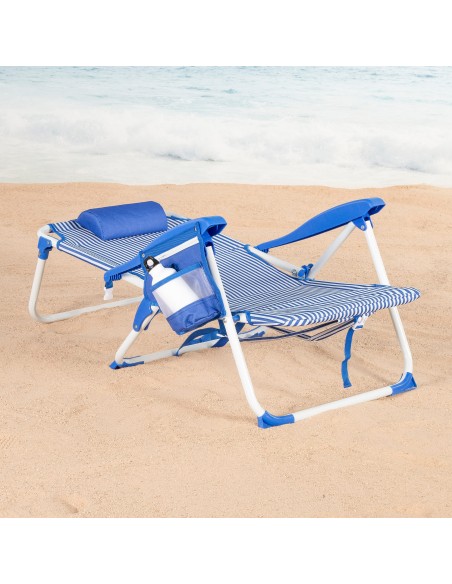 Chaise de plage multipositions 48x58x76 cm à rayures bleues avec poches