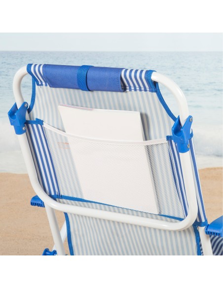 Chaise de plage multipositions 48x58x76 cm à rayures bleues avec poches
