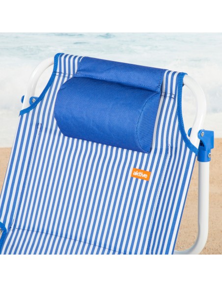 Chaise de plage multipositions 48x58x76 cm à rayures bleues avec poches