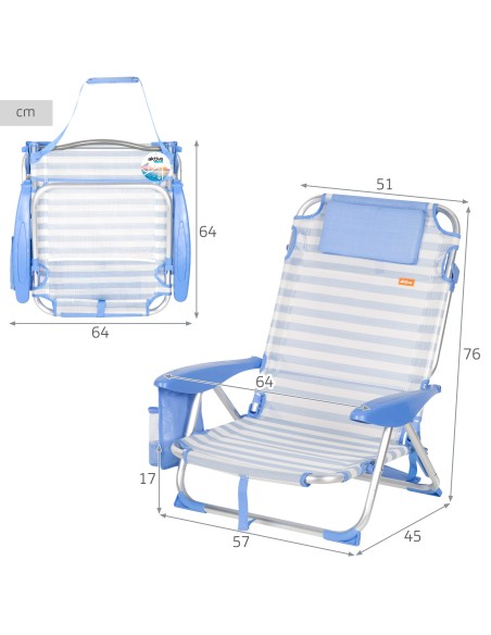 Chaise de plage basse multiposition 51x45x76 cm avec poches