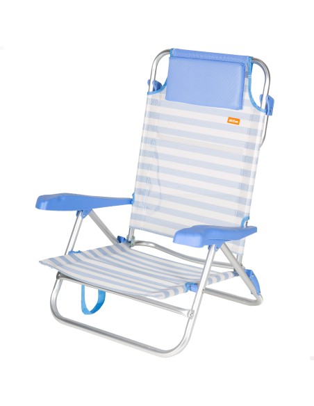 Chaise de plage pliante multipositions 48x50x80 cm à rayures bleues avec poignée et coussin