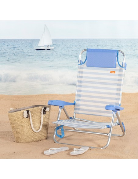 Chaise de plage pliante multipositions 48x50x80 cm à rayures bleues avec poignée et coussin