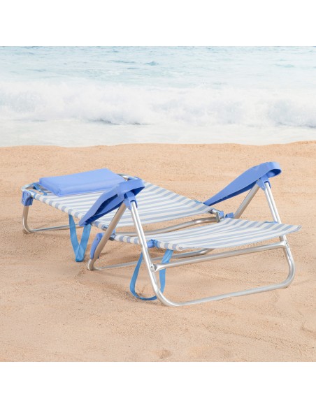 Chaise de plage pliante multipositions 48x50x80 cm à rayures bleues avec poignée et coussin