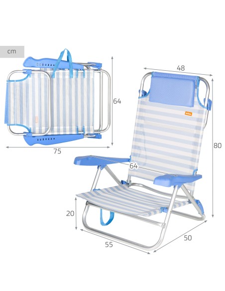 Chaise de plage pliante multipositions 48x50x80 cm à rayures bleues avec poignée et coussin