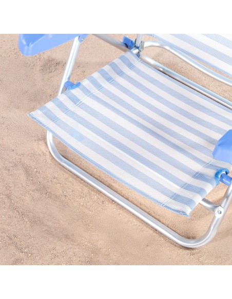 Chaise de plage pliante multipositions 48x50x80 cm à rayures bleues avec poignée et coussin