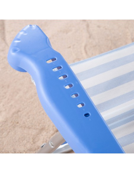 Chaise de plage pliante multipositions 48x50x80 cm à rayures bleues avec poignée et coussin