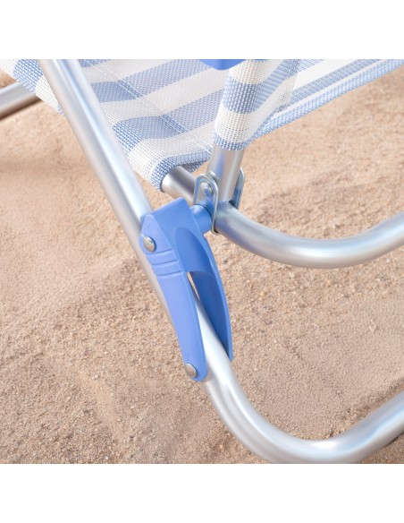 Chaise de plage pliante multipositions 48x50x80 cm à rayures bleues avec poignée et coussin