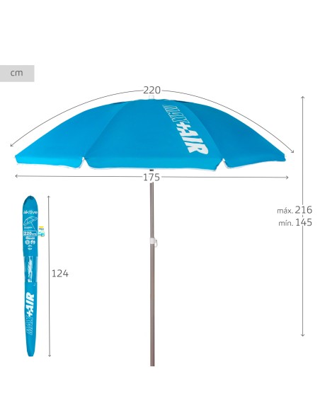 Parapluie de plage coupe-vent 8 tiges 220 cm bleu