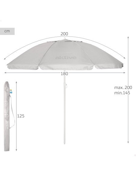 Parasol de plage à 8 baleines, 200 cm, gris, inclinable, protection UV50