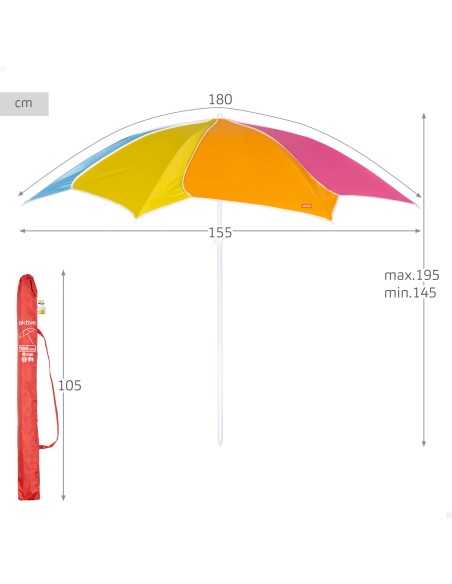 Parasol de plage inclinable avec protection UV50 multicolore diamètre 180 cm