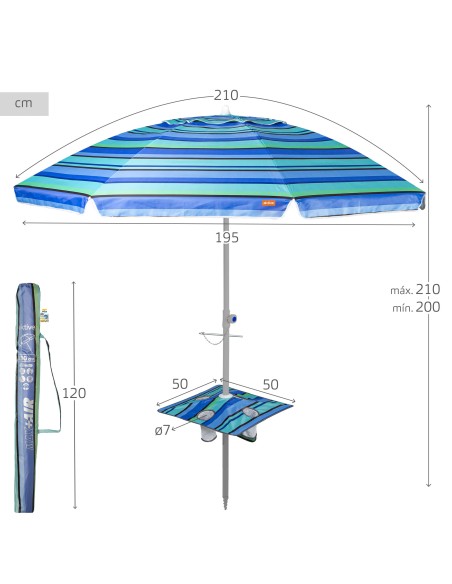 Parasol de plage coupe-vent 210 cm rayures bleues w / mur et table