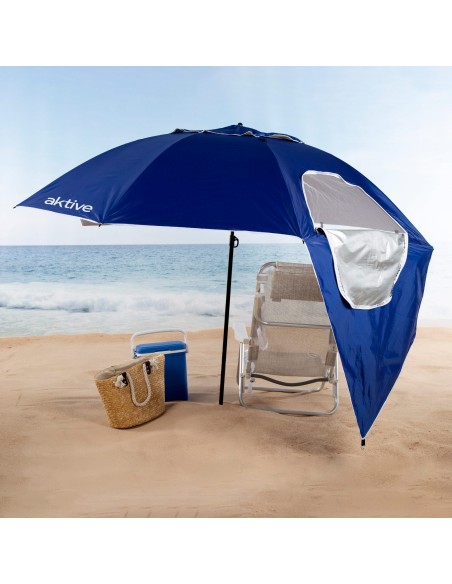 Parasol de plage coupe-vent à 8 baleines, 240 cm, bleu, avec brise-vent