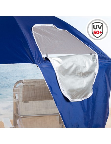 Parasol de plage coupe-vent à 8 baleines, 240 cm, bleu, avec brise-vent