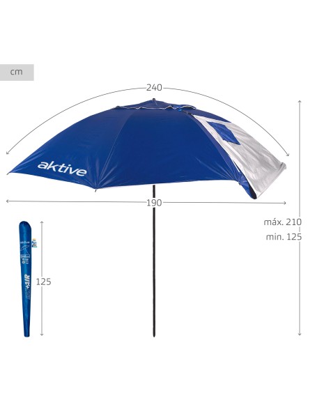 Parasol de plage coupe-vent à 8 baleines, 240 cm, bleu, avec brise-vent