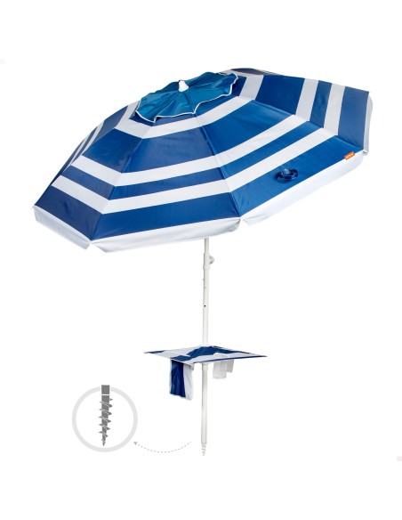 Parapluie de plage coupe-vent 8 cannes 210 cm rayures marin w / table