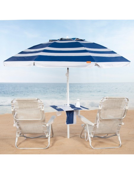 Parapluie de plage coupe-vent 8 cannes 210 cm rayures marin w / table