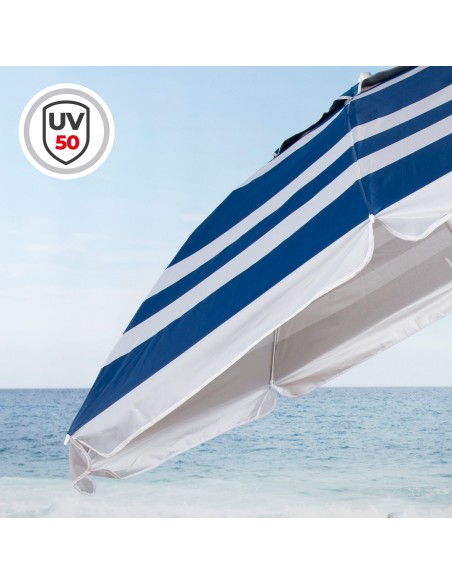 Parapluie de plage coupe-vent 8 cannes 210 cm rayures marin w / table