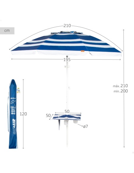 Parapluie de plage coupe-vent 8 cannes 210 cm rayures marin w / table