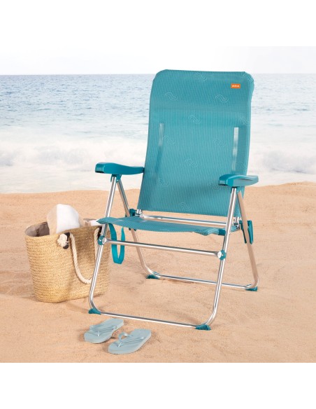 Chaise de plage pliante multipositions 47x62x90 cm bleue avec poignée