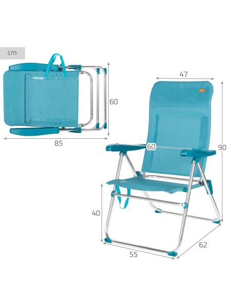 Chaise de plage pliante multipositions 47x62x90 cm bleue avec poignée