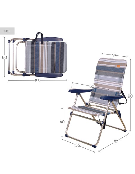 Chaise de plage haute multipositions 47x62x90 cm à rayures