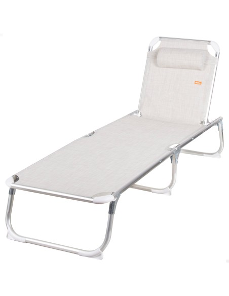 Transat de plage multipositions 186 x 49 x 30 cm beige avec coussin