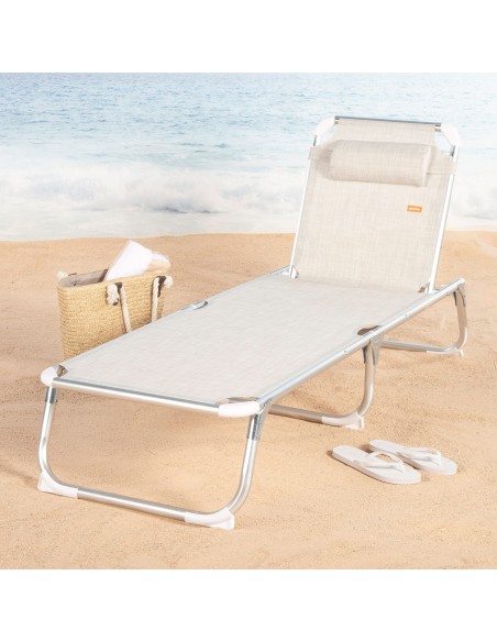 Transat de plage multipositions 186 x 49 x 30 cm beige avec coussin