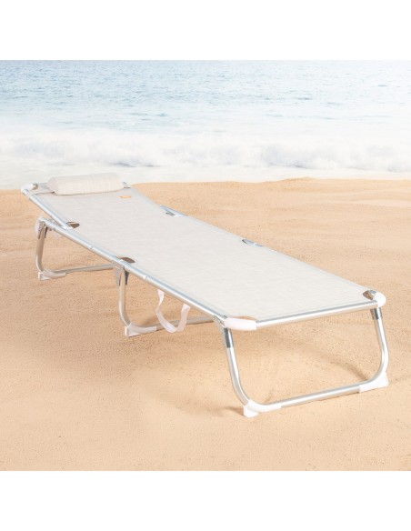 Transat de plage multipositions 186 x 49 x 30 cm beige avec coussin