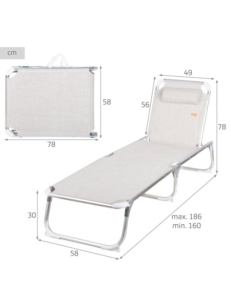Transat de plage multipositions 186 x 49 x 30 cm beige avec coussin